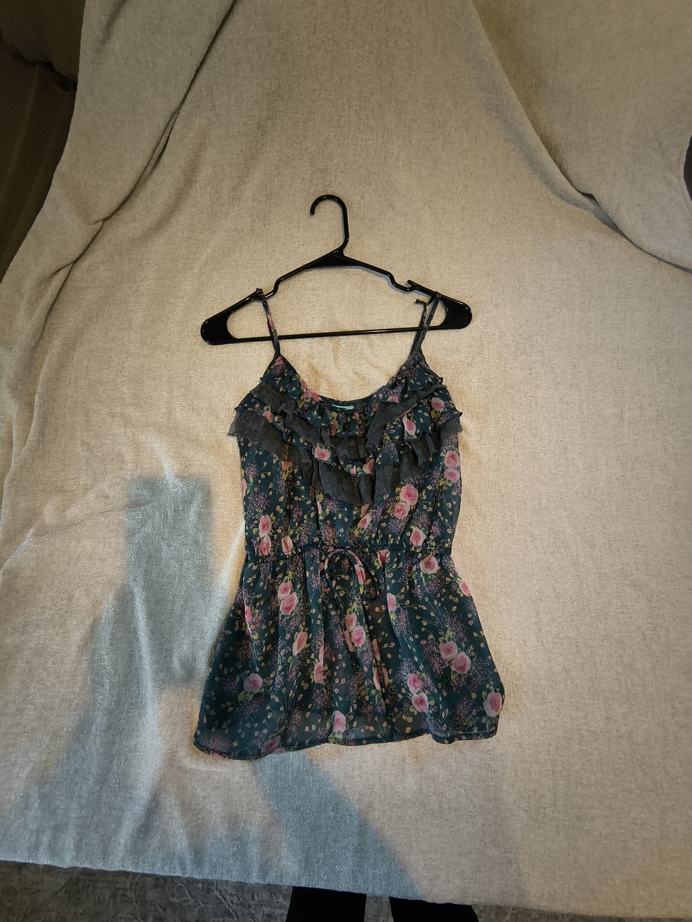 Floral Ruffle Cami Top - Teal with Pink Roses